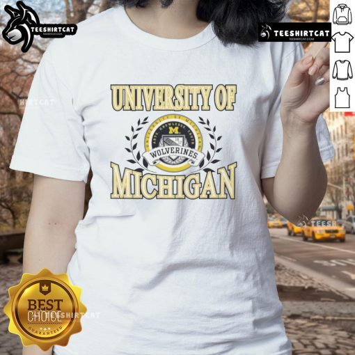 Premium University of Michigan Wolverines laurels logo ladies tee in navy, perfect for fans and stylish casual wear.