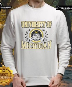 Premium University of Michigan Wolverines laurels logo sweatshirt in navy blue, perfect for fans and alumni.