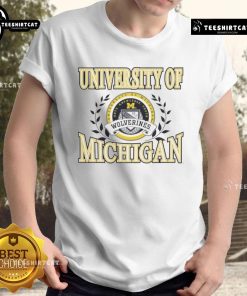 Premium University of Michigan Wolverines laurels logo T-shirt featuring vibrant colors and athletic design for fans.