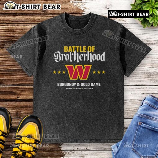 Alt Text: Premium Washington Commanders Battle of Brotherhood burgundy and gold game-washed t-shirt for fans.