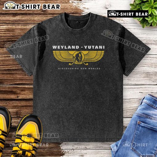 Alt Text: Premium Weyland-Yutani logo on a washed t-shirt, perfect for sci-fi fans and lovers of the Alien franchise.