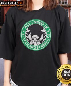 Pretty All I Need Is Stitch and Starbucks Ladies Tee featuring a stylish design for Disney fans and coffee lovers.