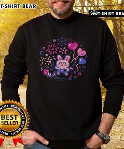Alt Text: Cute sweatshirt featuring a pretty bunny and fireworks, perfect for animal lovers and festive occasions.