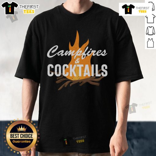 Alt Text: Stylish 'Pretty Campfires & Cocktails' T-Shirt design featuring a cozy campfire and cocktail graphics, perfect for outdoor lovers.