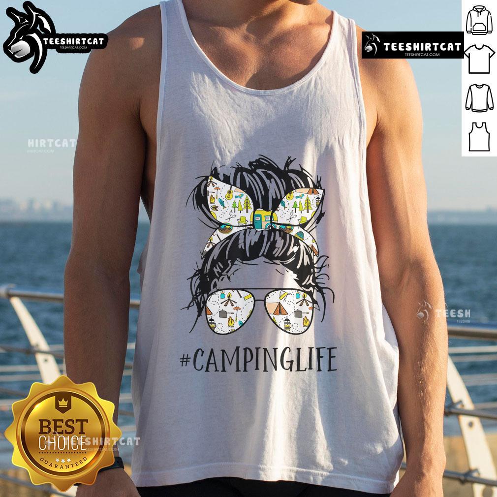 Pretty Camping Life Mom Messy Bun Mom Camping Life Tank Top Mom in a messy bun wearing a tank top enjoying camping life surrounded by nature and outdoor gear.