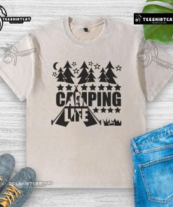 Pretty Camping Life Premium Washed T-Shirt in a serene outdoor setting, perfect for nature lovers and adventure seekers.