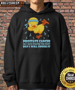 Cartoon chick performing a karate kick, promoting 'Prostate Cancer Awareness' on a stylish hoodie design.