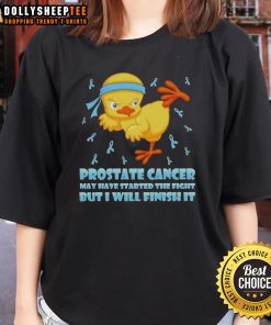 Colorful cartoon chick performing a karate kick, symbolizing women's fight against prostate cancer on a ladies' tee.