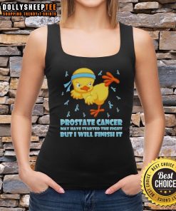 Cartoon chick performing a karate kick on a prostate cancer symbol, showcasing strength in the fight against prostate cancer.
