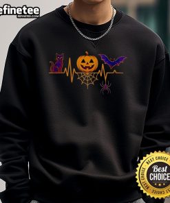 Alt Text: Cute cat in a pumpkin with a bat and spooky heartbeat design on a Halloween sweatshirt, perfect for festive wear.