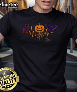 Pretty Cat Pumpkin Bat Spooky Heartbeat Halloween T-Shirt design featuring a cute cat with Halloween elements.