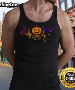 Cute cat with a pumpkin and bat design on a spooky heartbeat Halloween tank top, perfect for festive celebrations.