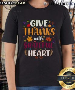 Pretty Thanksgiving ladies tee with 'Give Thanks With a Grateful Heart' design, perfect for holiday celebrations.