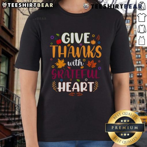 Pretty Thanksgiving ladies tee with 'Give Thanks With a Grateful Heart' design, perfect for holiday celebrations.