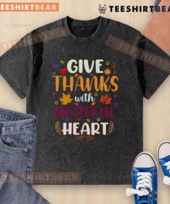 Pretty Thanksgiving washed t-shirt featuring 'Give Thanks With a Grateful Heart' design in festive colors.