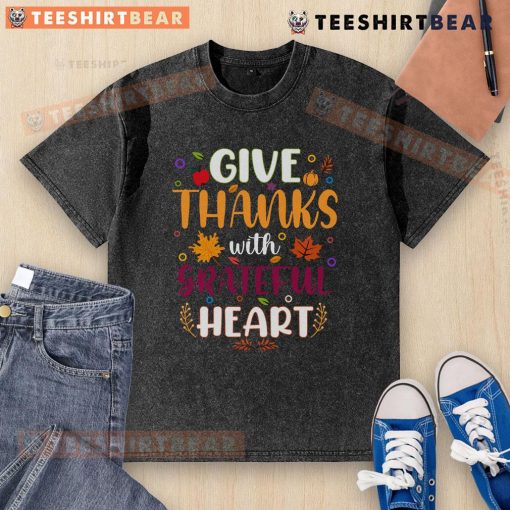 Pretty Thanksgiving washed t-shirt featuring 'Give Thanks With a Grateful Heart' design in festive colors.