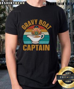 Vintage sunset T-shirt featuring a whimsical gravy boat captain design, perfect for Thanksgiving celebrations and festive gatherings.