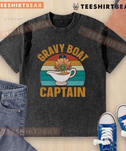 Alt Text: Vintage sunset washed t-shirt featuring Pretty Gravy Boat Captain design, perfect for Thanksgiving celebrations.