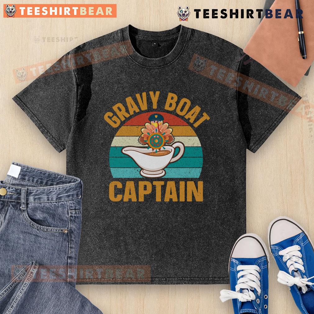 Pretty Gravy Boat Captain Thanksgiving Vintage Sunset Washed T Shirt Alt Text: Vintage sunset washed t-shirt featuring Pretty Gravy Boat Captain design, perfect for Thanksgiving celebrations.
