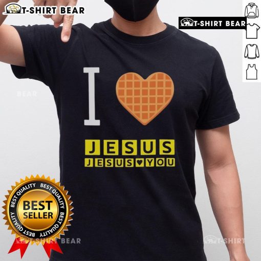 Alt Text: Pretty I Love Jesus Jesus Loves You Waffle House T-Shirt design featuring a heart and vibrant graphics.