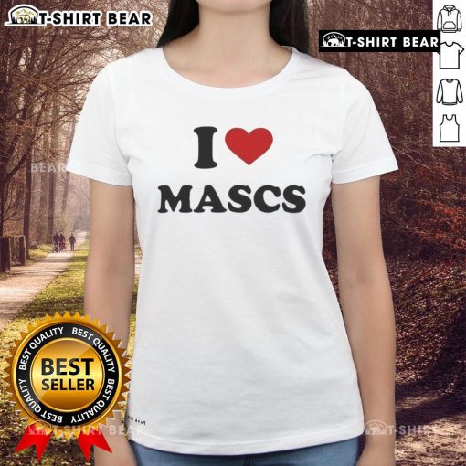 Pretty I Love Mascs heart graphic on a stylish ladies tee, perfect for expressing love and pride in masc culture.