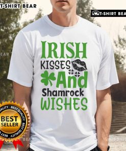 Pretty Irish Kisses and Shamrock Wishes T-Shirt featuring festive green design for St. Patrick's Day celebrations.