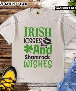 Pretty Irish Kisses and Shamrock Wishes washed t-shirt featuring a vibrant shamrock design perfect for St. Patrick's Day.