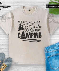 Pretty Lets Go Camping washed t-shirt featuring a fun camping graphic, perfect for outdoor enthusiasts and adventure lovers.