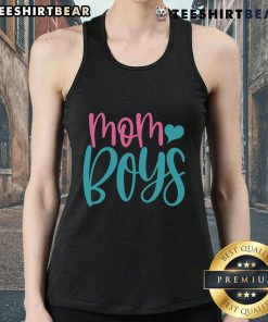 Pretty mom wearing a stylish tank top with her two boys in a sunny outdoor setting, showcasing family love and fashion.