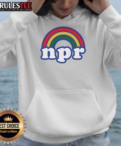 Pretty NPR rainbow logo hoodie featuring a vibrant design, perfect for fans of National Public Radio fashion.