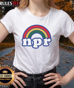 Pretty NPR Rainbow Logo Ladies Tee featuring a vibrant, colorful design perfect for fans of NPR and stylish casual wear.