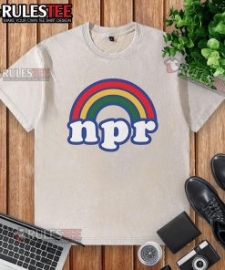 Pretty NPR rainbow logo on a washed t-shirt, featuring vibrant colors and a soft, casual design.