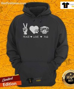 Pretty Peace Love Pug Premium Hoodie featuring a cute pug design and vibrant colors, perfect for dog lovers.