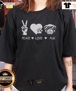 Pretty Peace Love Pug Premium Ladies Tee featuring a cute pug design and vibrant colors, perfect for dog lovers.