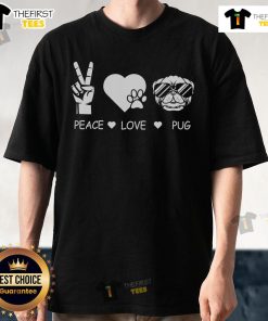Pretty Peace Love Pug Premium T-Shirt featuring a cute pug design with peace and love symbols, perfect for dog lovers.