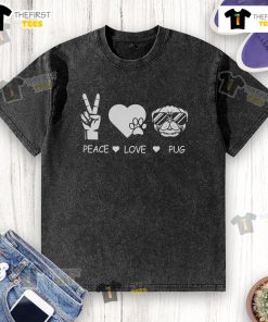 Pretty Peace Love Pug Premium Washed T-Shirt featuring a cute pug design, perfect for dog lovers and casual wear.
