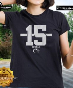 Alt Text: Pretty Penn State Football Drew Allar Name Number 15 Stripe Ladies Tee featuring team colors and stylish design.