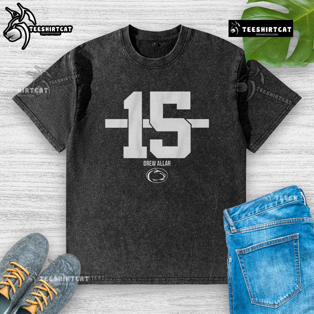 Pretty Penn State Football Drew Allar Name Number 15 Stripe Washed T Shirt Alt Text: Drew Allar Penn State Football T-Shirt, Name & Number 15, Stripe Washed Design, Perfect for Game Day Enthusiasts.