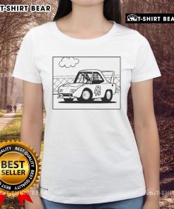 Pretty Plymouth classic car cartoon design on ladies tee, showcasing vibrant colors and vintage style for car enthusiasts.