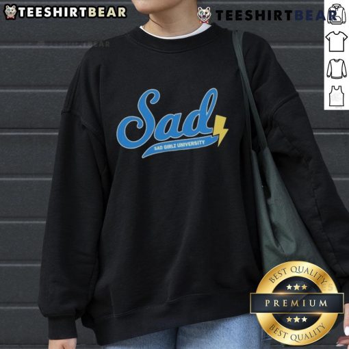 Alt Text: Stylish girl wearing a Pretty Sad Girlz University sweatshirt, showcasing a trendy and casual look for students.