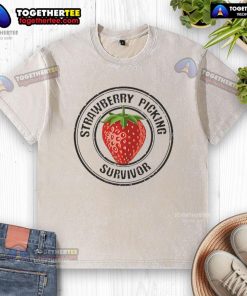 Alt Text: Pretty Strawberry Picking Survivor washed t-shirt featuring vibrant strawberry graphics, perfect for casual summer wear.