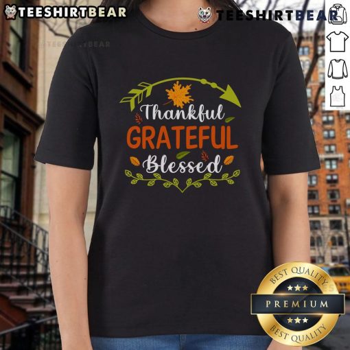 Pretty Thankful Grateful Blessed Thanksgiving Ladies Tee featuring a stylish design perfect for holiday celebrations.