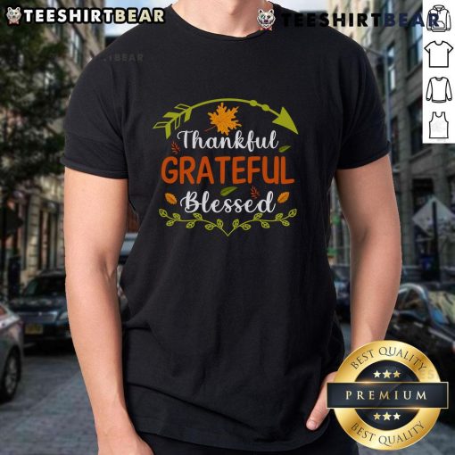 Pretty Thankful Grateful Blessed Thanksgiving T-Shirt featuring a festive design in warm autumn colors.