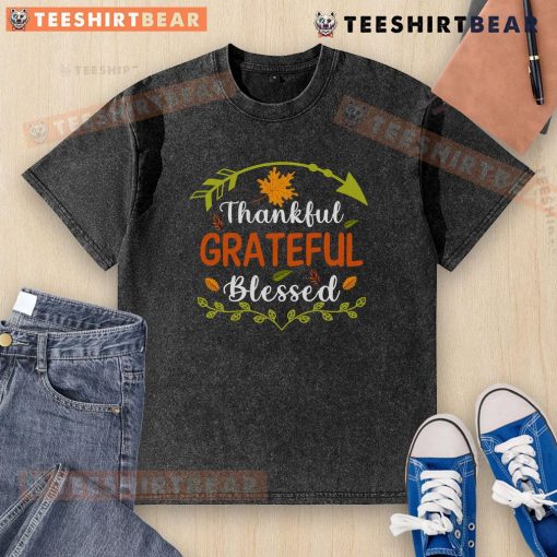 Pretty Thankful Grateful Blessed Thanksgiving washed t-shirt featuring a festive design for holiday celebrations.