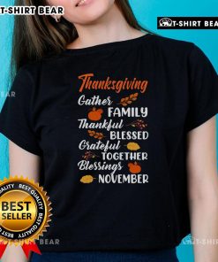 Pretty Thanksgiving family tee featuring 'Blessed, Thankful, Grateful' design for ladies, perfect for November celebrations.