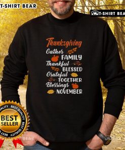 Cozy Thanksgiving sweatshirt with 'Blessed, Thankful, Grateful' design, perfect for family gatherings in November.
