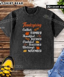 Family wearing 'Thankful Grateful Blessed' Thanksgiving t-shirts, celebrating together in November, joyful and festive atmosphere.