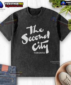 Pretty The Second City Toronto washed t-shirt displayed on a hanger, showcasing a trendy design and soft fabric.