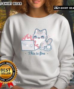Cute cat in a cozy 'This Is Fine' sweatshirt, perfect for cat lovers seeking stylish comfort.