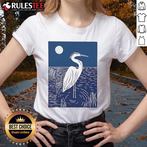 Pretty woodcut crested ibis heron moonlight linocut design on a ladies tee shirt, showcasing artistic wildlife illustration.